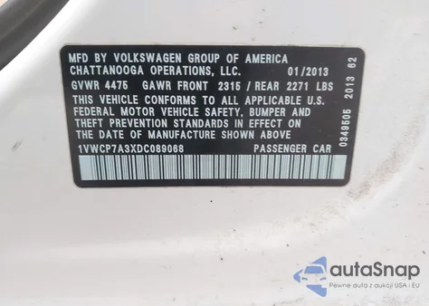 2013 Volkswagen Passat 2.5L Sel z USA, uszkodzony, nr VIN 1VWCP7A3XDC089068
